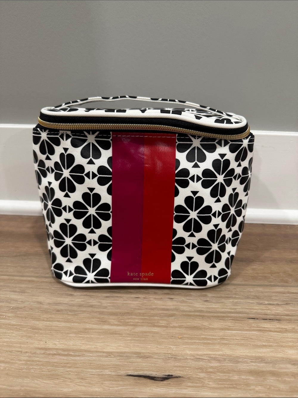 kate spade Black & White Floral Lunch Tote with Pink and Red Center Stripe